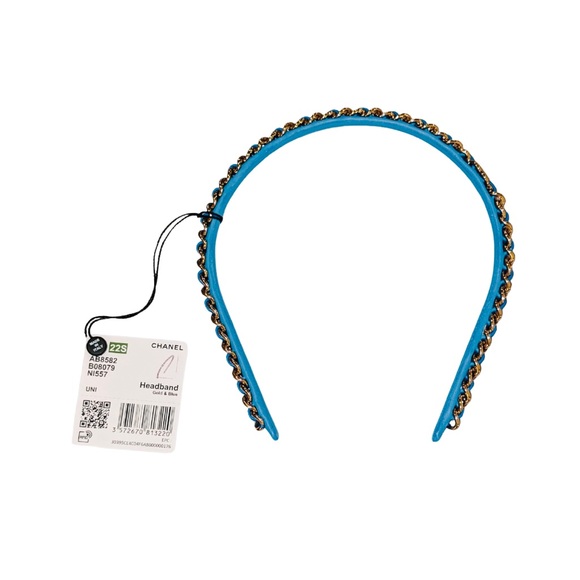 NWT Authentic Chanel 22S Blue Leather/Gold Chain CC Logo Headband Hair Accessory - Picture 3 of 15